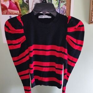 ZARA Black & Red Striped Puff Sleeve Top